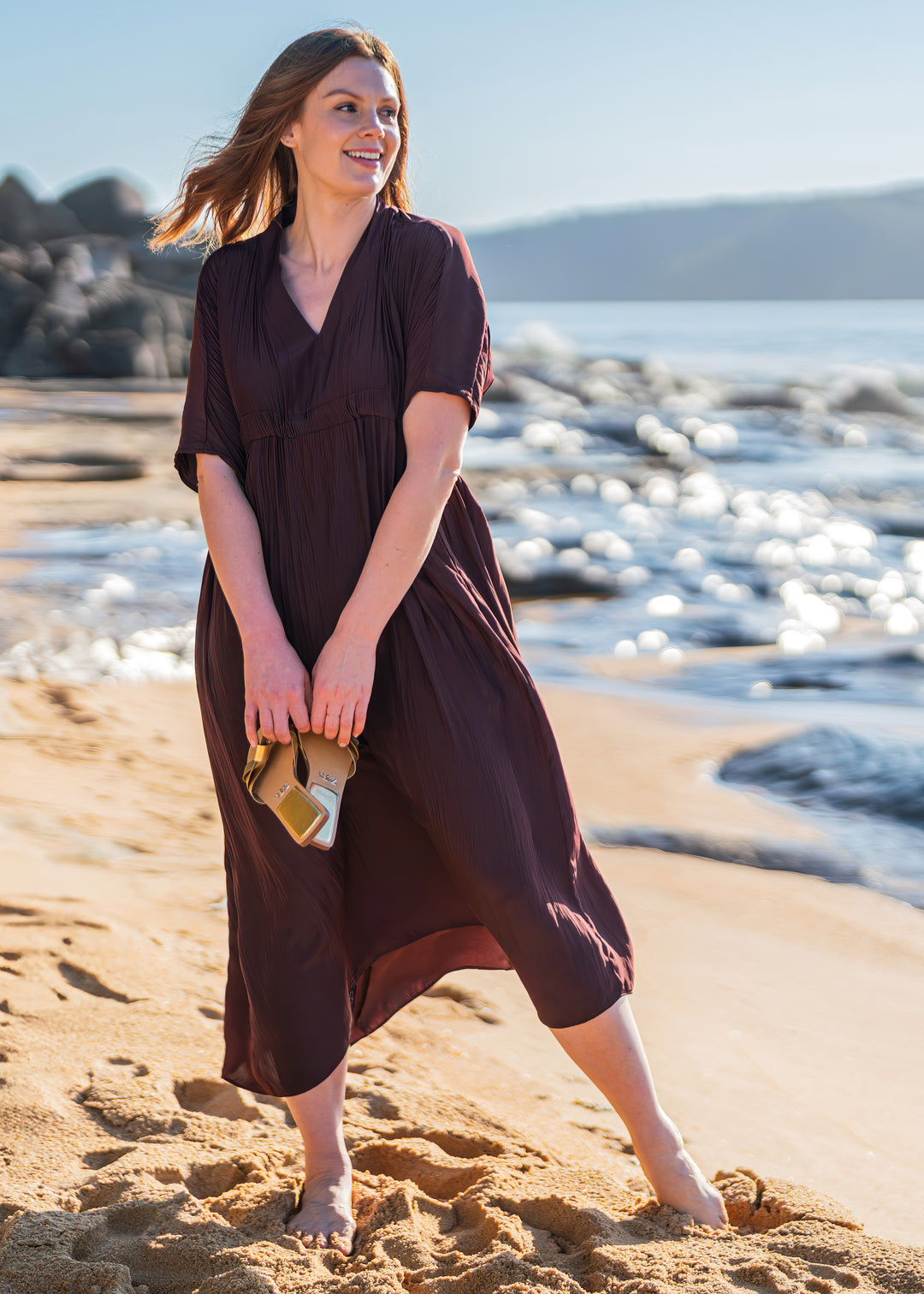 Philosophy Australia Misty Lustre kaftan dress - chocolate, made in Australia