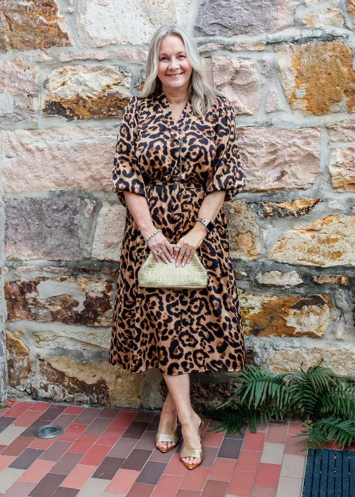 Cedar satin billow dress in Zoo print