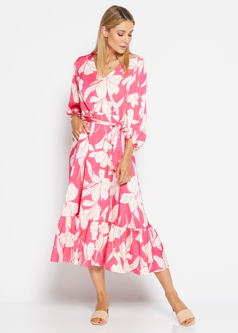 Amelia billow tiered satin dress in Pink print