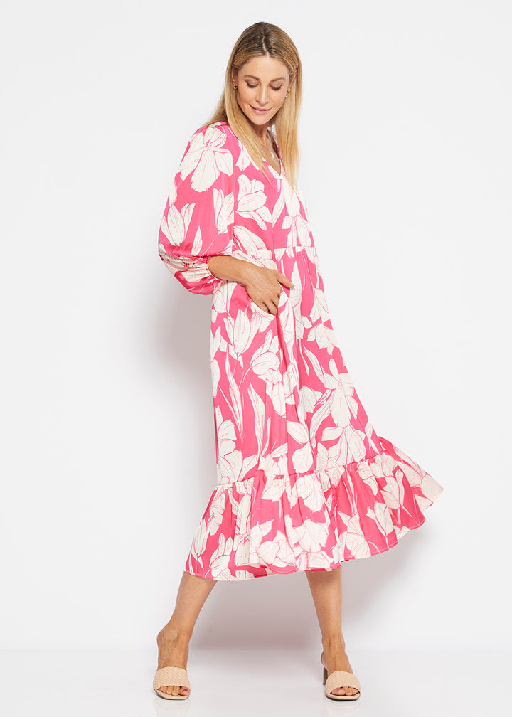 Amelia billow tiered satin dress in Pink print