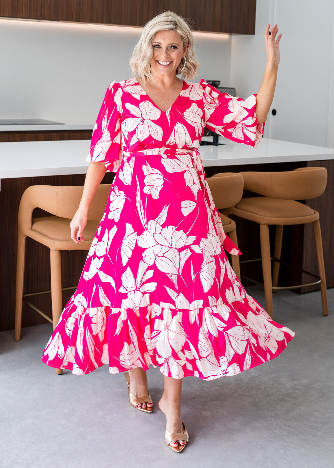 Amelia billow tiered satin dress in Pink print