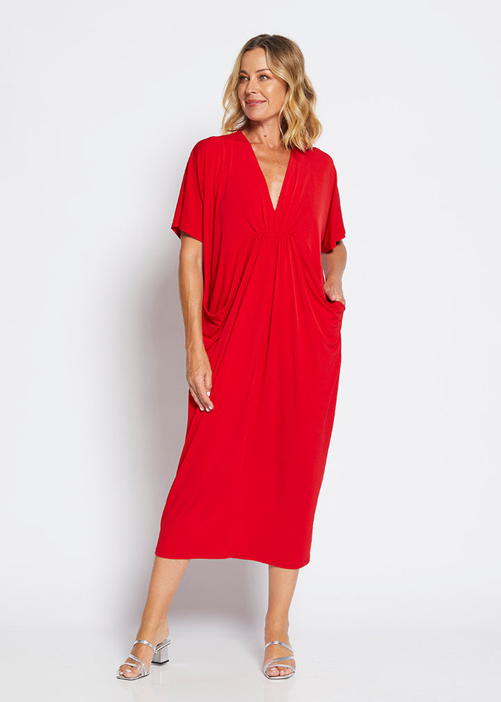 Farrah jersey gathered dress in Red