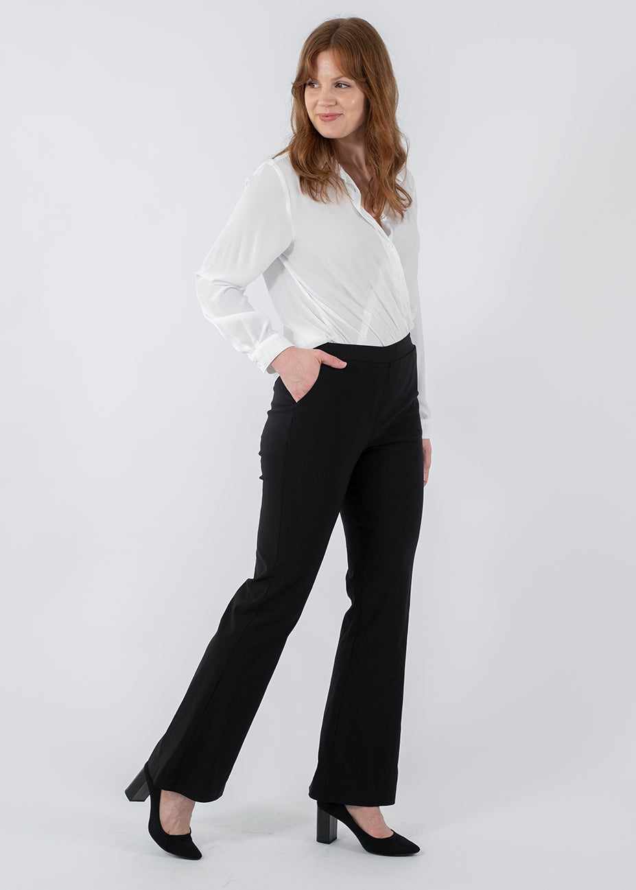 Bootie Bengaline Women's full length Kick-flare pants in black.