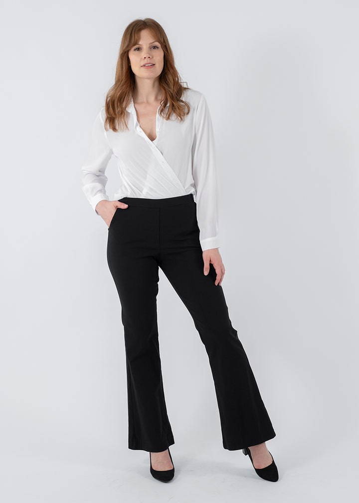 Bootie Bengaline Women's full length Kick-flare pants in black.