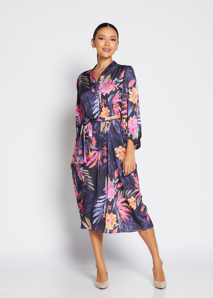 Cedar satin billow dress in Haven print