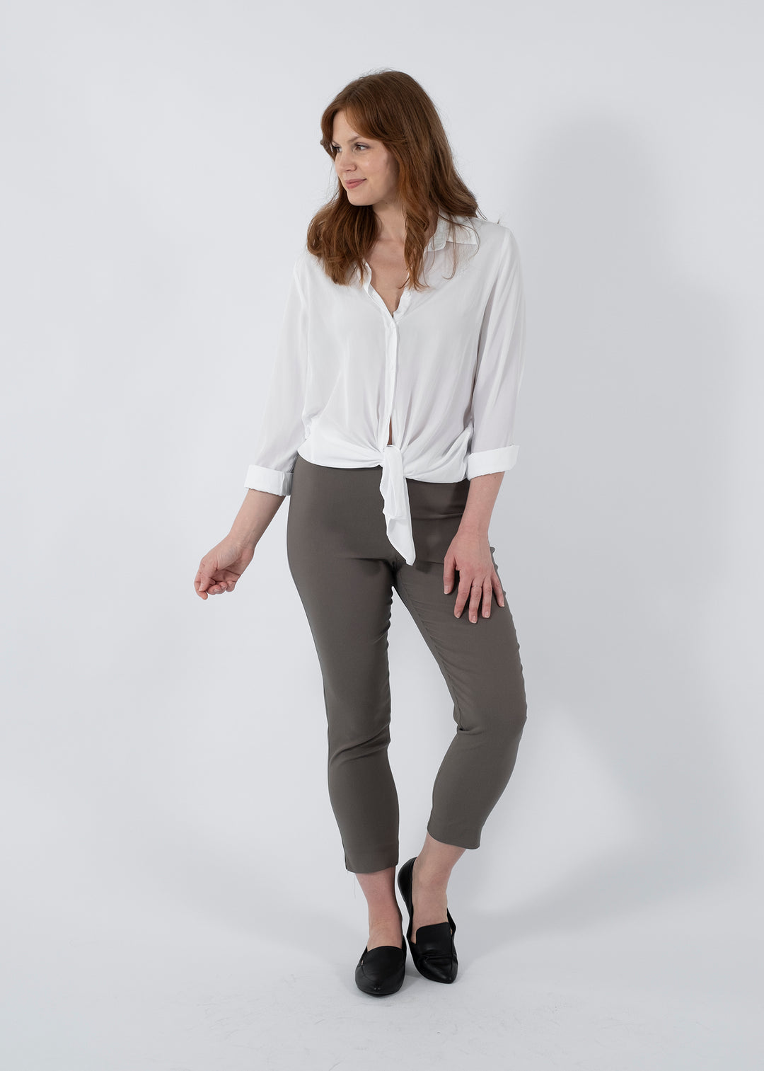 Everyday Miracle Bengaline Women's 7/8th length slim-cut pants in bark neutral.