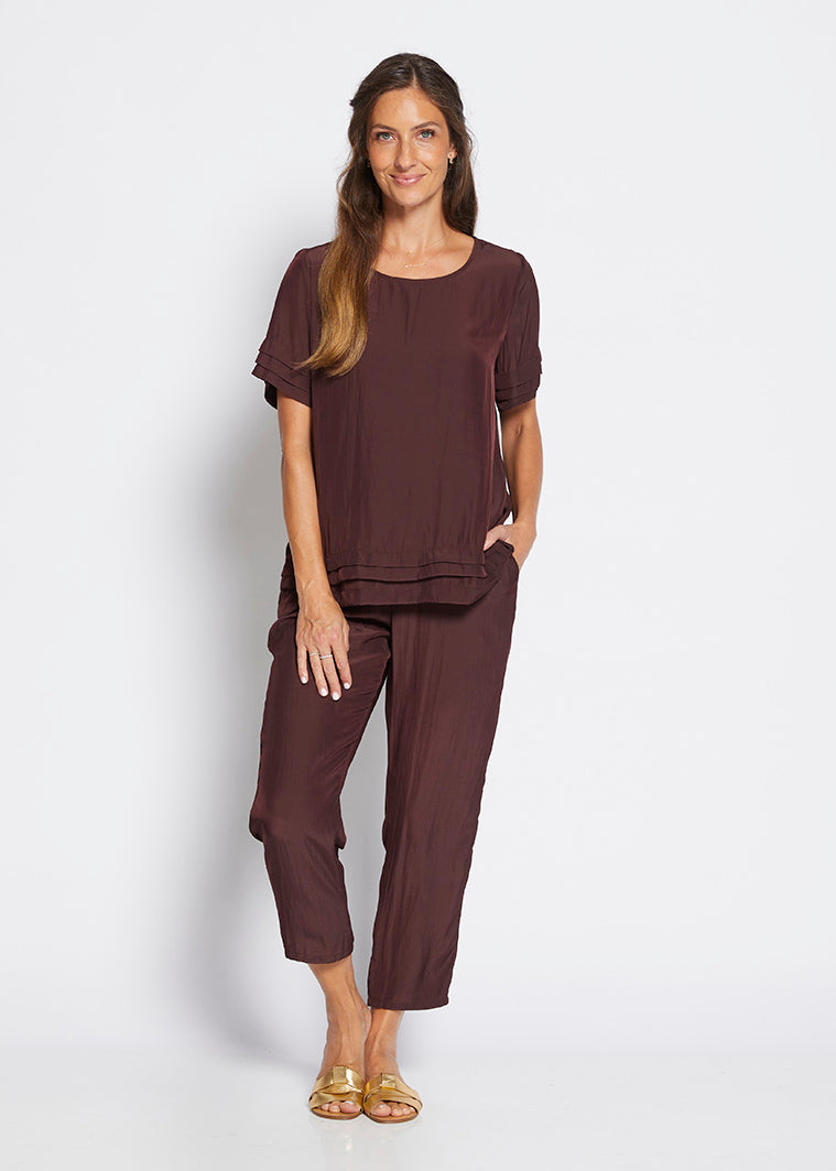 Philosophy Australia Pleat Lustre tee top - chocolate, made in Australia