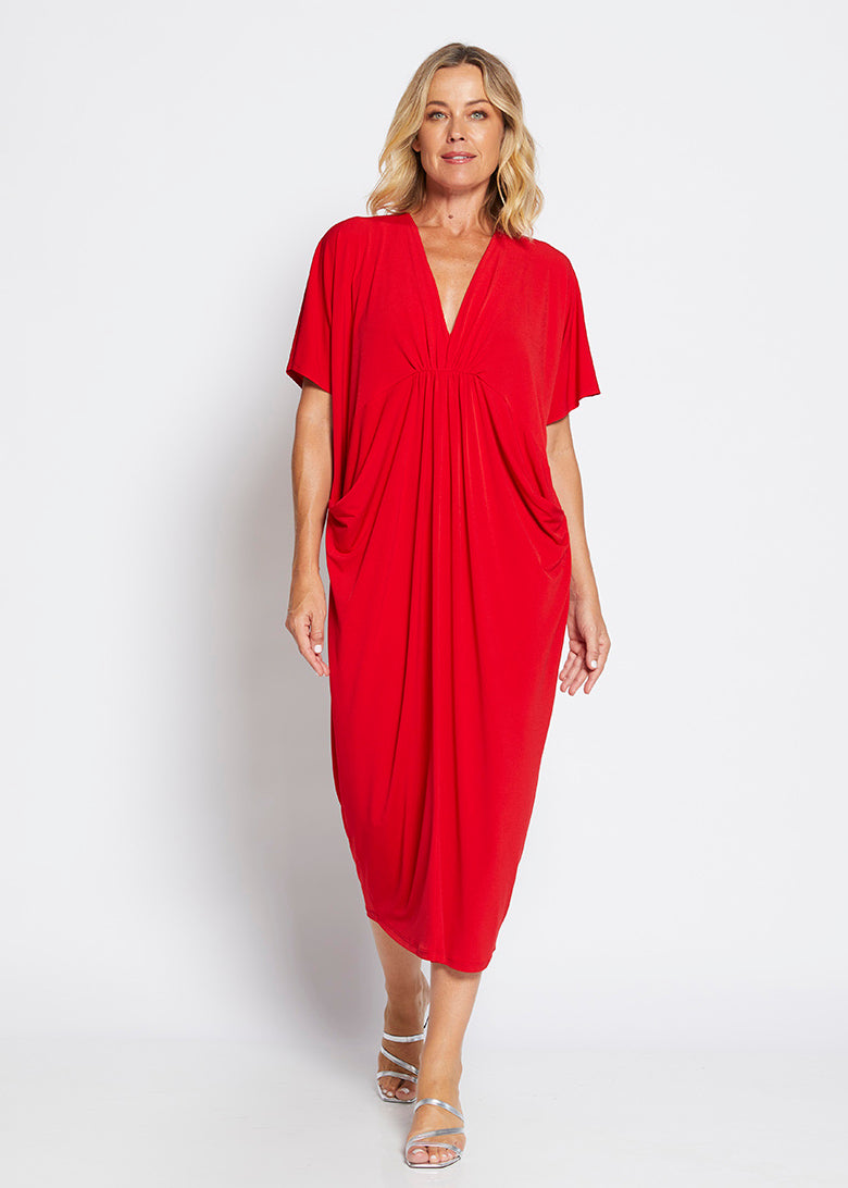 Farrah jersey gathered dress in Red