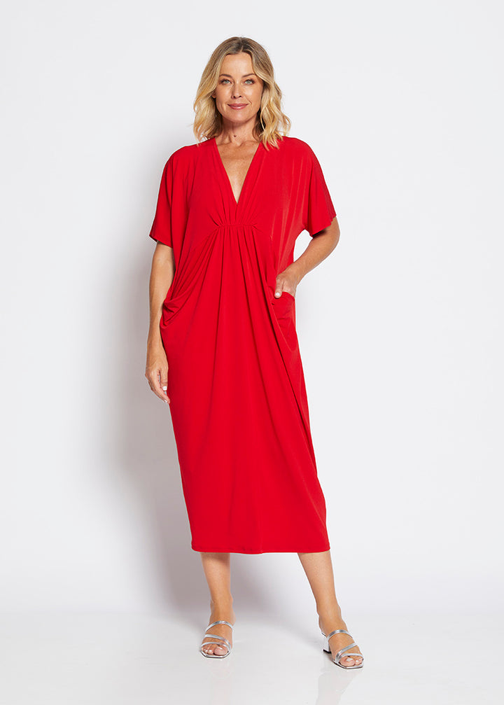 Farrah jersey gathered dress in Red