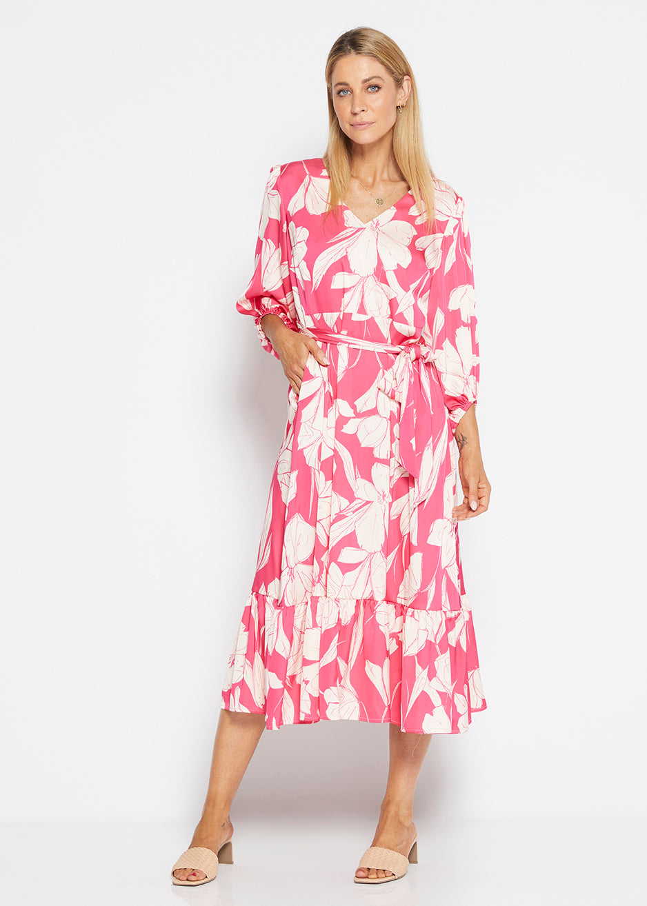 Amelia billow tiered satin dress in Pink print