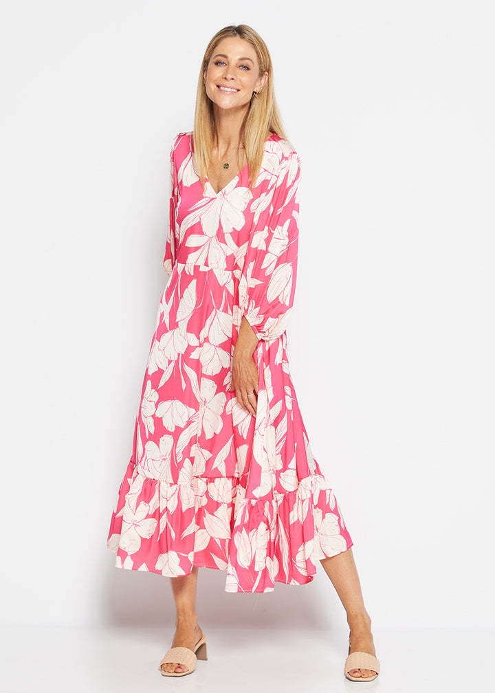 Amelia billow tiered satin dress in Pink print