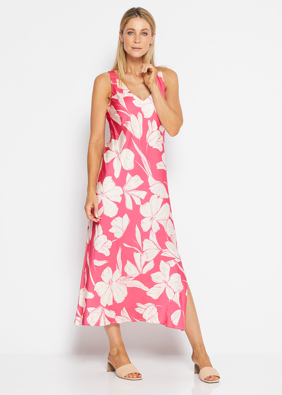 Maeve bias strappy satin dress in Pink print