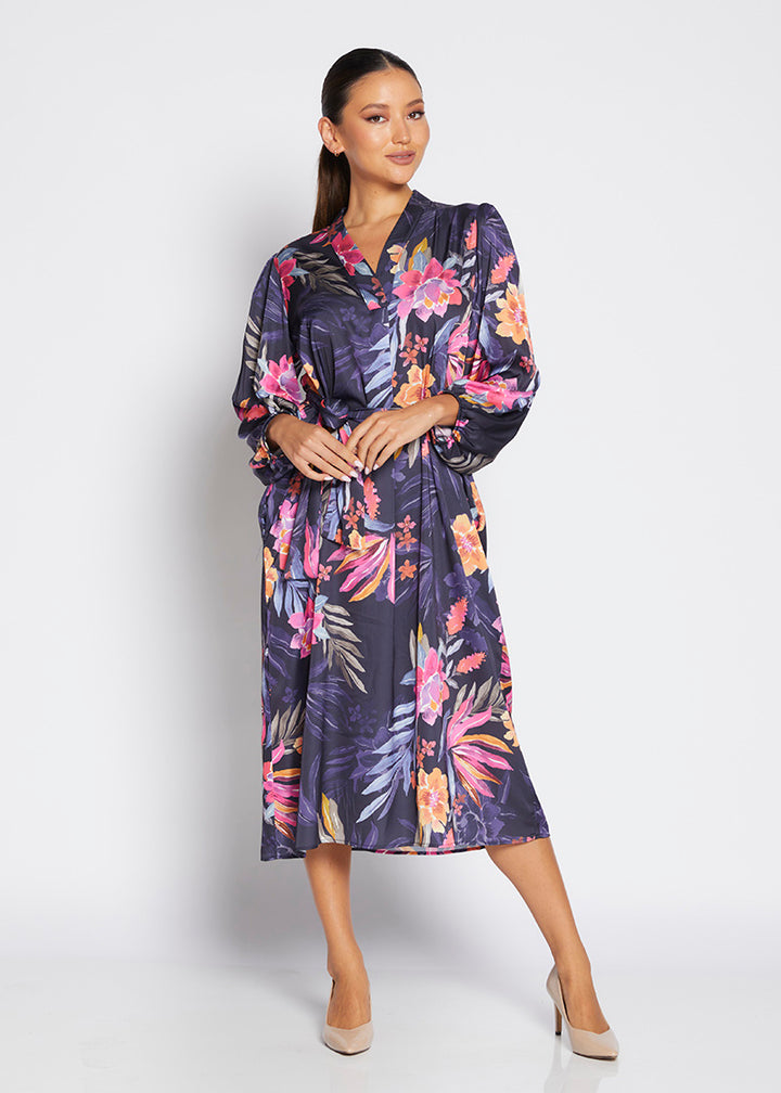 Cedar satin billow dress in Haven print