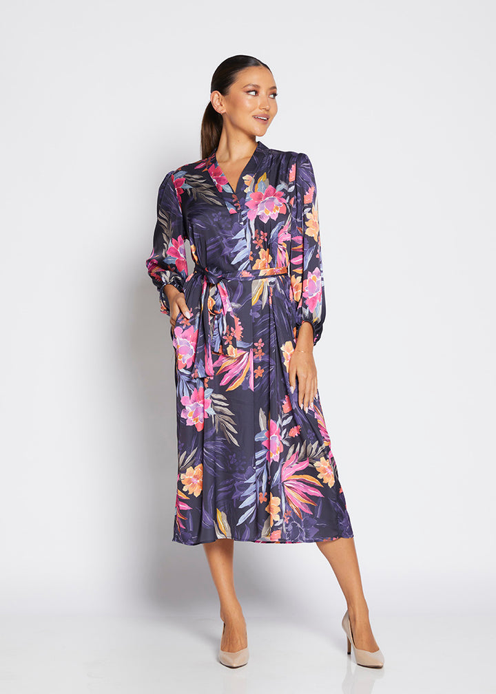 Cedar satin billow dress in Haven print