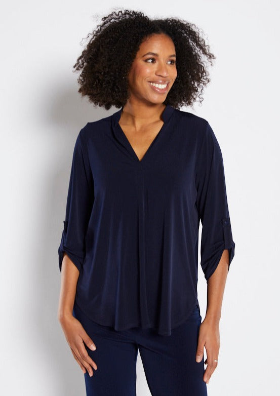 Kafton Foundation Jersey Women's tunic with Nehru neckline in ink navy.