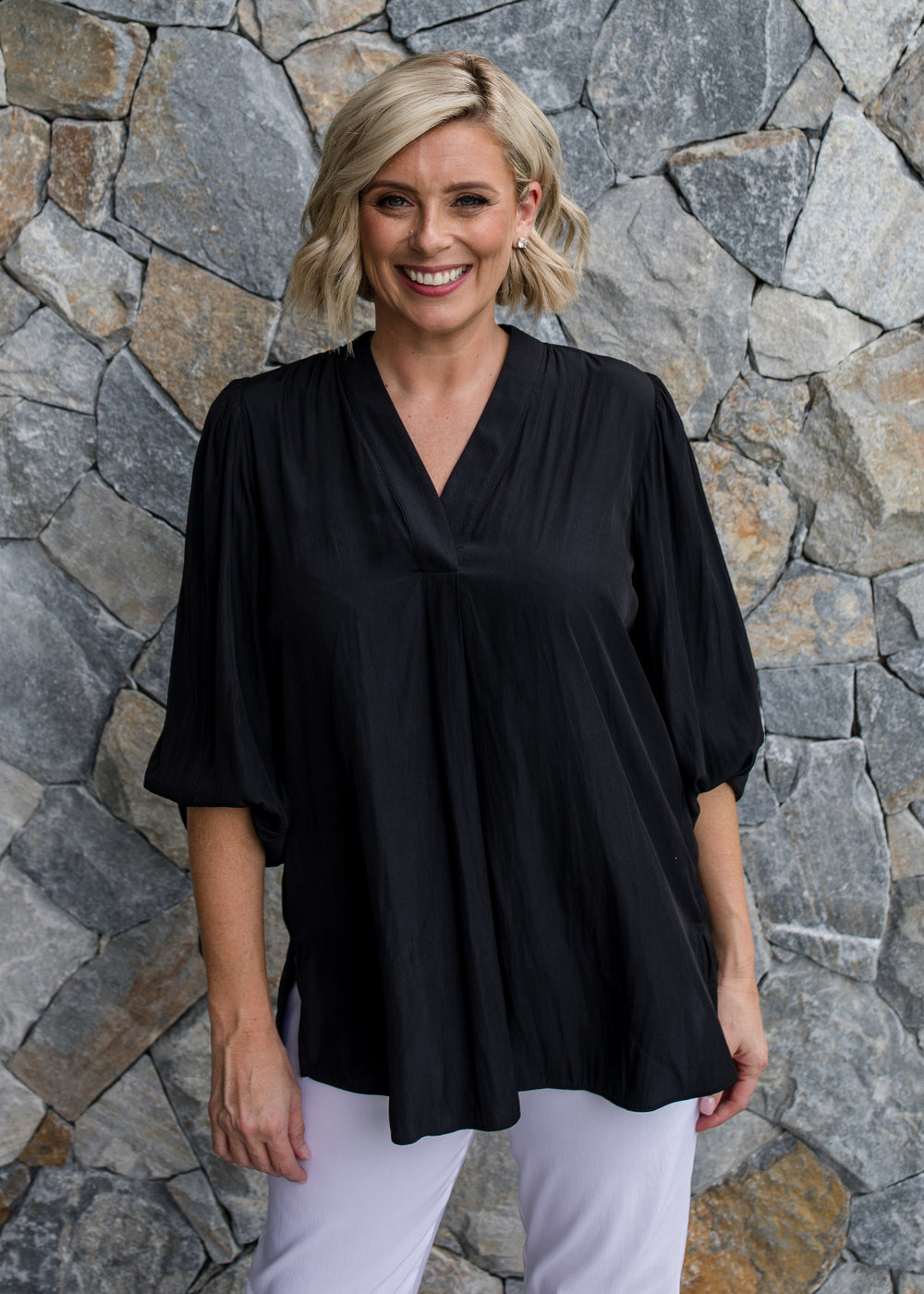 Maple Lustre Women's Blouse with billow sleeves in Black.