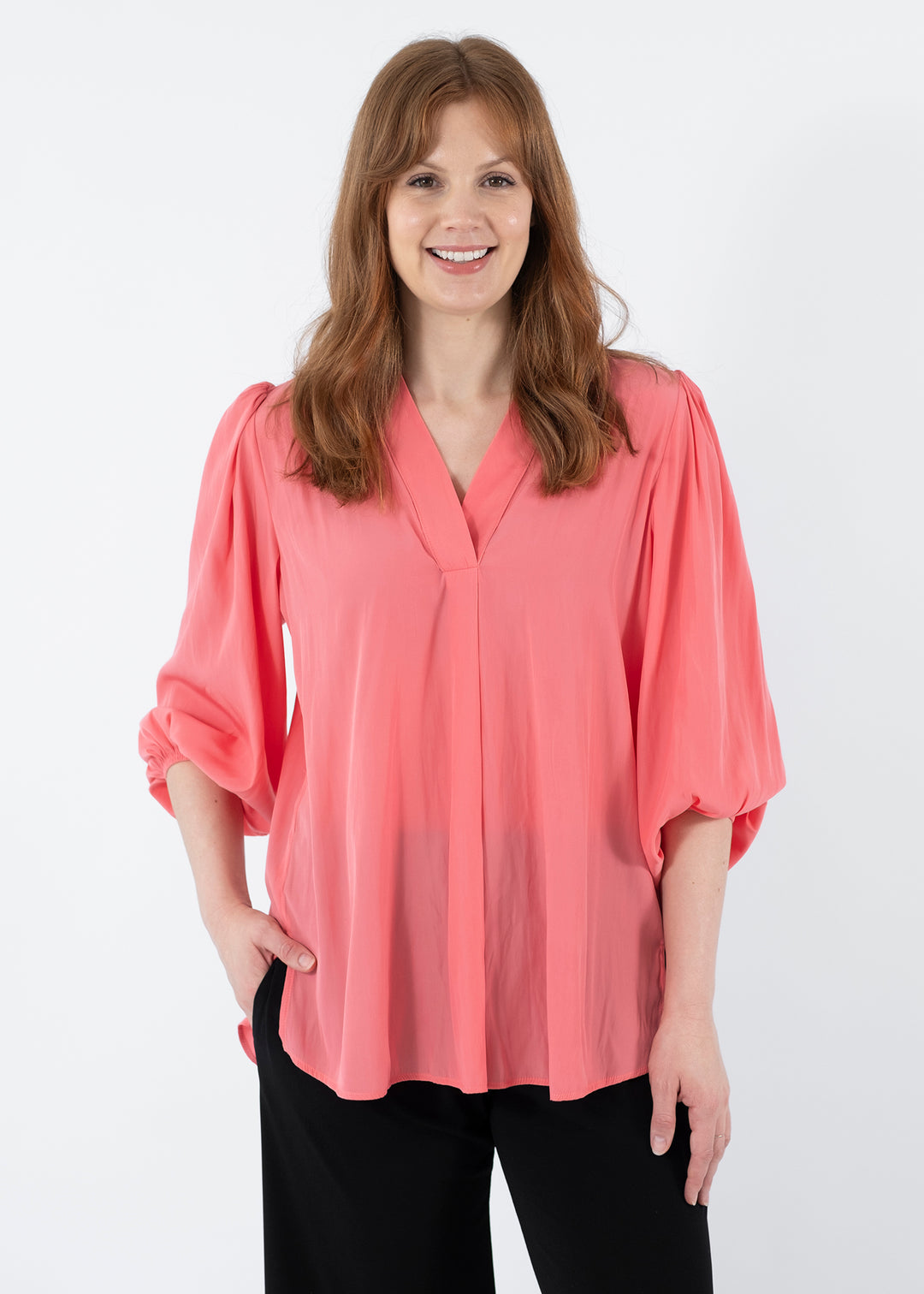 Maple Lustre Women's Blouse with billow sleeves in Coral.