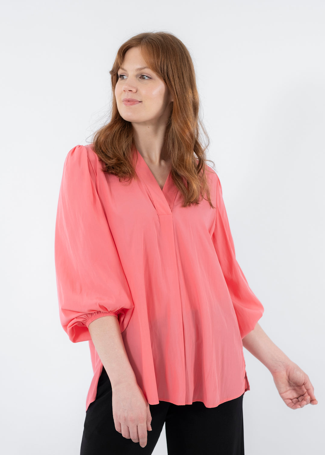 Maple Lustre Women's Blouse with billow sleeves in Coral.