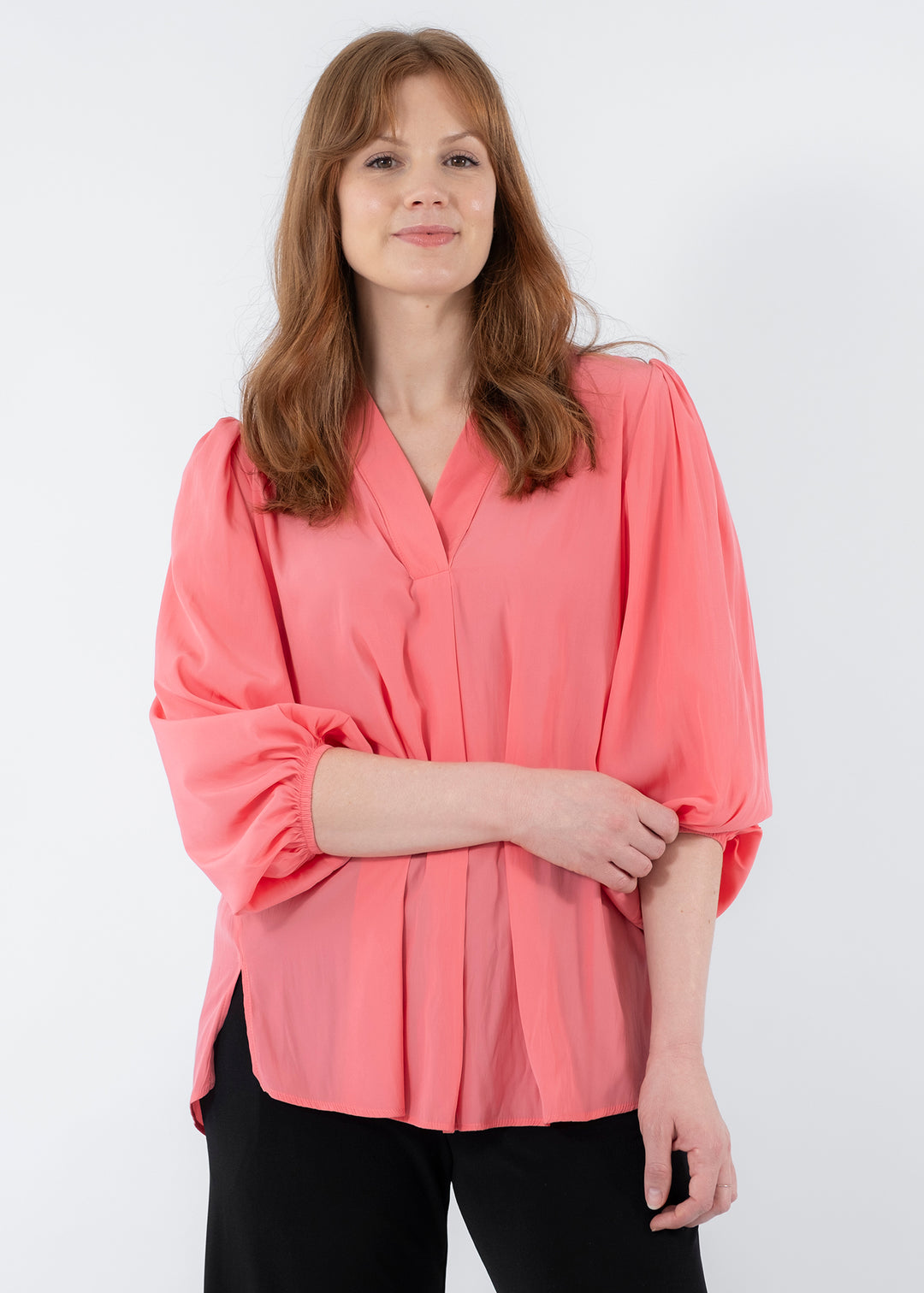 Maple Lustre Women's Blouse with billow sleeves in Coral.