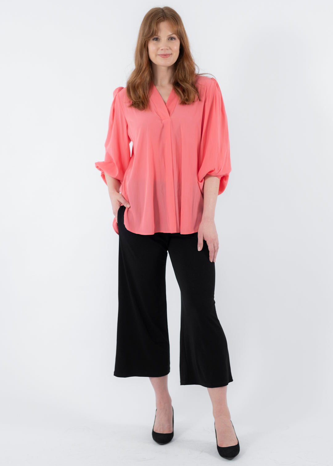 Maple Lustre Women's Blouse with billow sleeves in Coral.