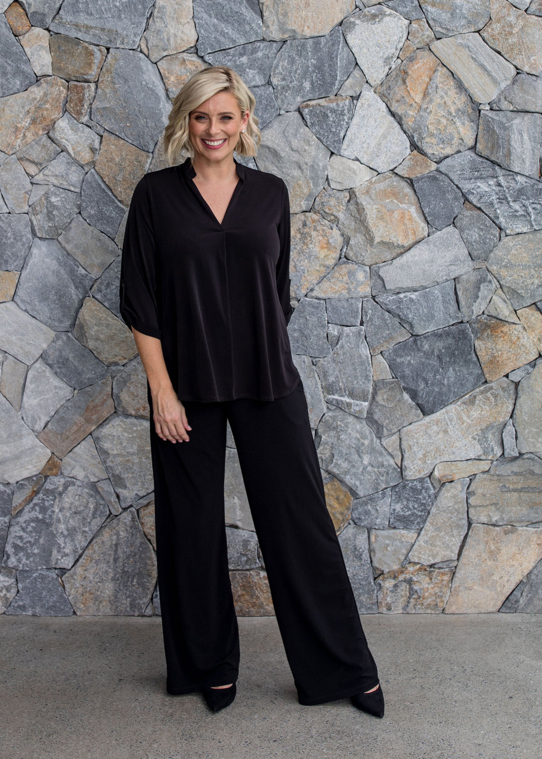 Paltrow Jersey Women's full length wide leg pants in Black.