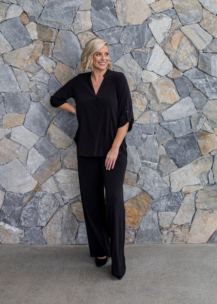 Paltrow Jersey Women's full length wide leg pants in Black.