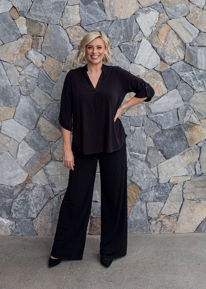 Paltrow Jersey Women's full length wide leg pants in Black.