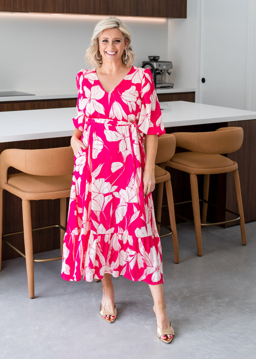 Amelia billow tiered satin dress in Pink print