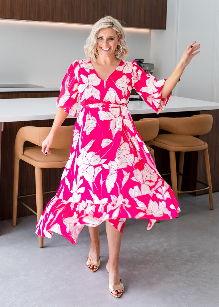 Amelia billow tiered satin dress in Pink print