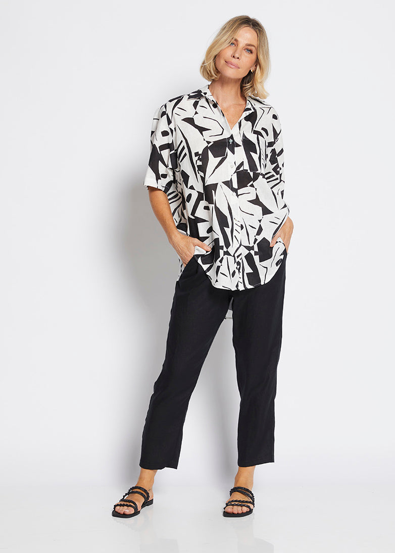 Philosophy Australia Quandry Linen Shirt in Black Jungle Print