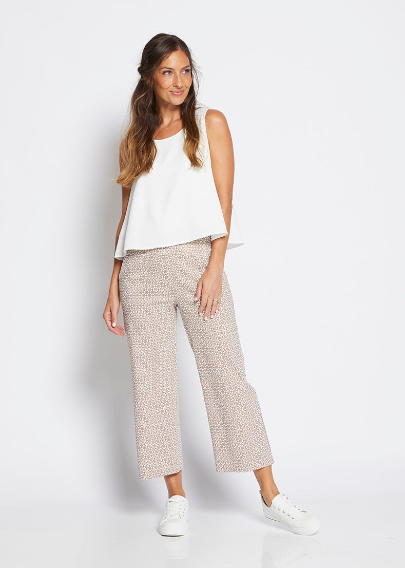 Philosophy Australia Ticket bengaline women's culottes in praline tile print, made in Australia