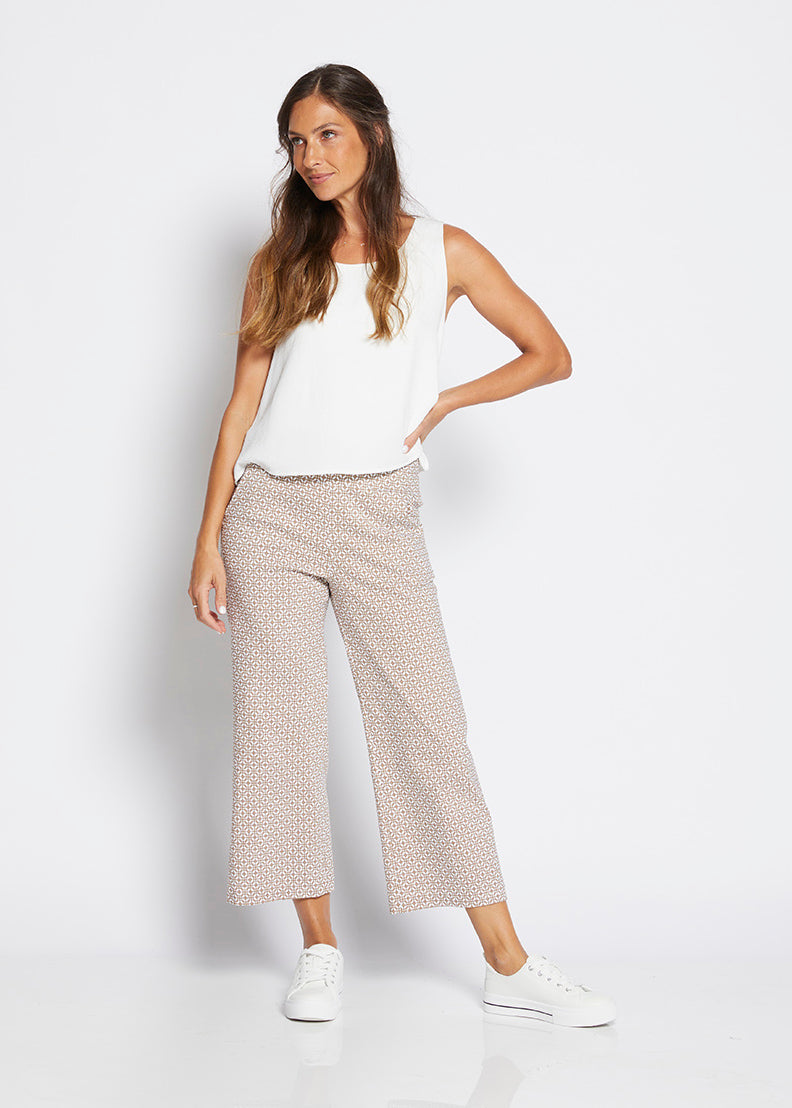 Philosophy Australia Ticket bengaline women's culottes in praline tile print, made in Australia