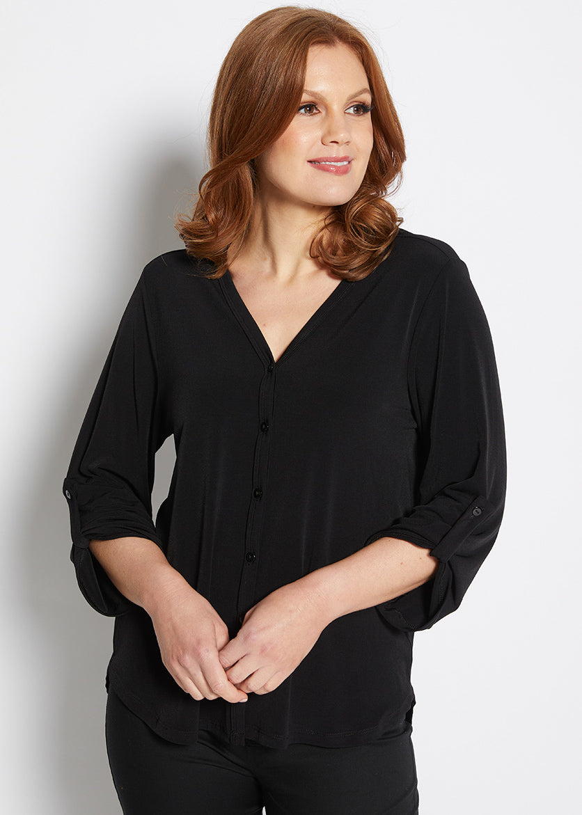 Uber Foundation Jersey Women's Button-down Blouse with a v-neckline in black.