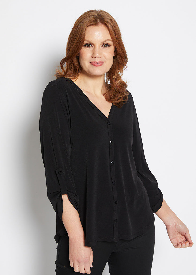 Uber Foundation Jersey Women's Button-down Blouse with a v-neckline in black.