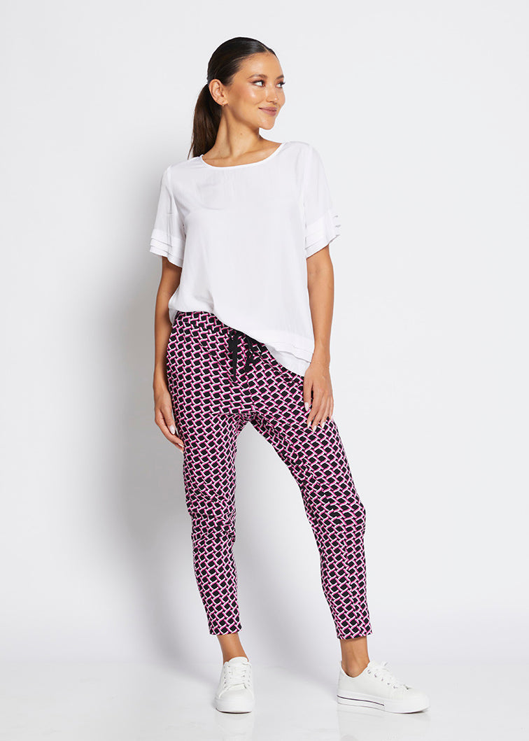 Weekend printed bengaline drawstring pant in Pink Lattice