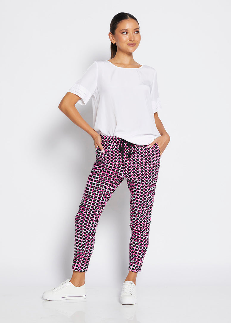 Weekend printed bengaline drawstring pant in Pink Lattice