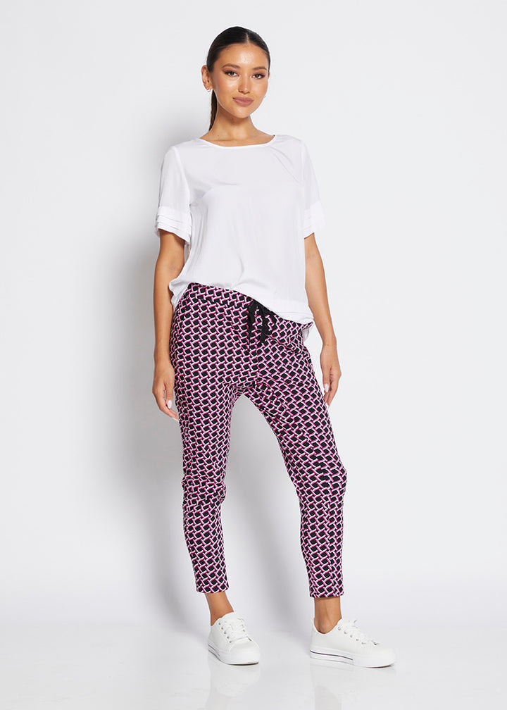 Weekend printed bengaline drawstring pant in Pink Lattice