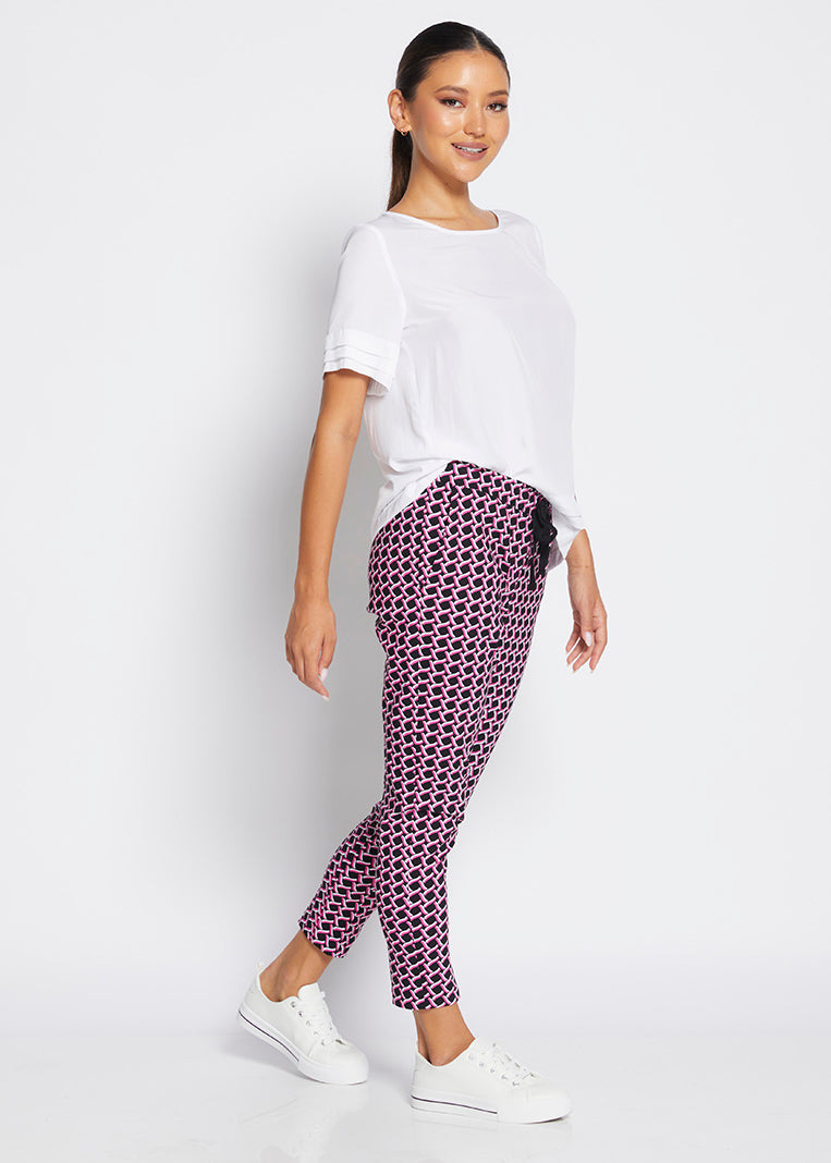 Weekend printed bengaline drawstring pant in Pink Lattice