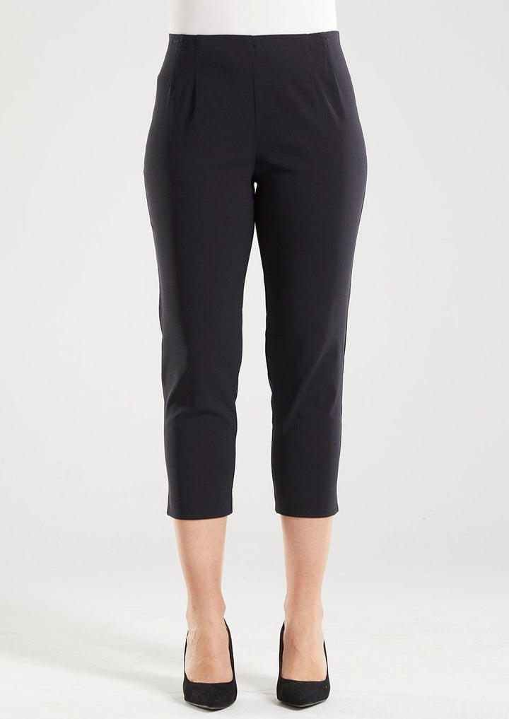 Adora is a Spring Summer 3/4 cropped black pant. Cut at calf length, with an easy comfortable pull on elastic waist and slim legs. Image is front  view of model. Philosophy Australia bengaline 3/4 length pant.