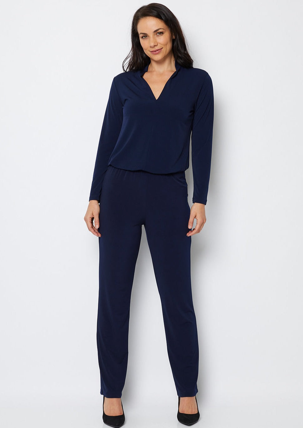 Linear Jersey Women's full-length straight-leg pant in Navy.