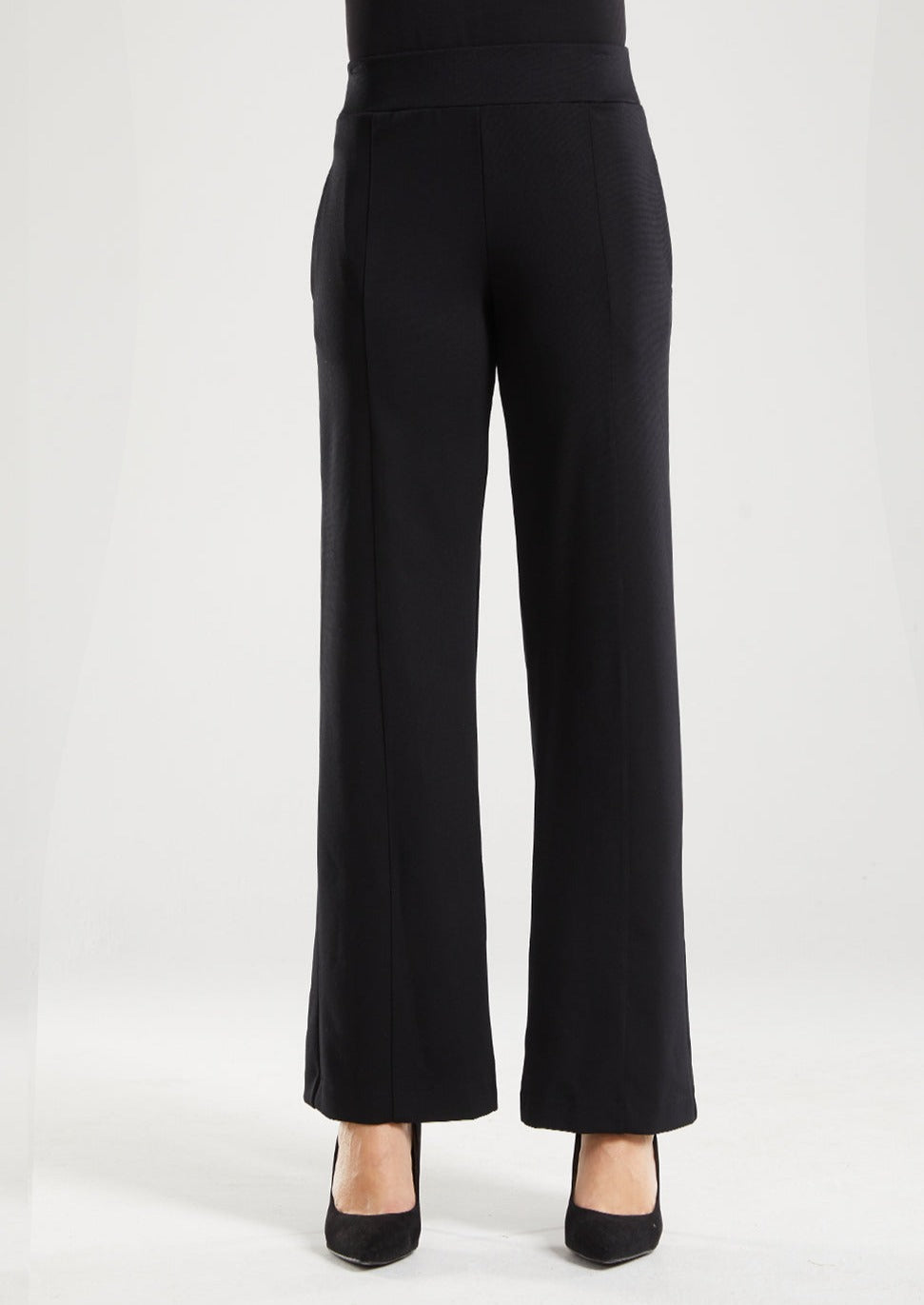 With a thick elastic waistband, side seam pockets, these full length, wide leg pants are finished with a pin tuck stitch detail. Made in ponte in Sydney Australia. Made by Philosophy Australia.