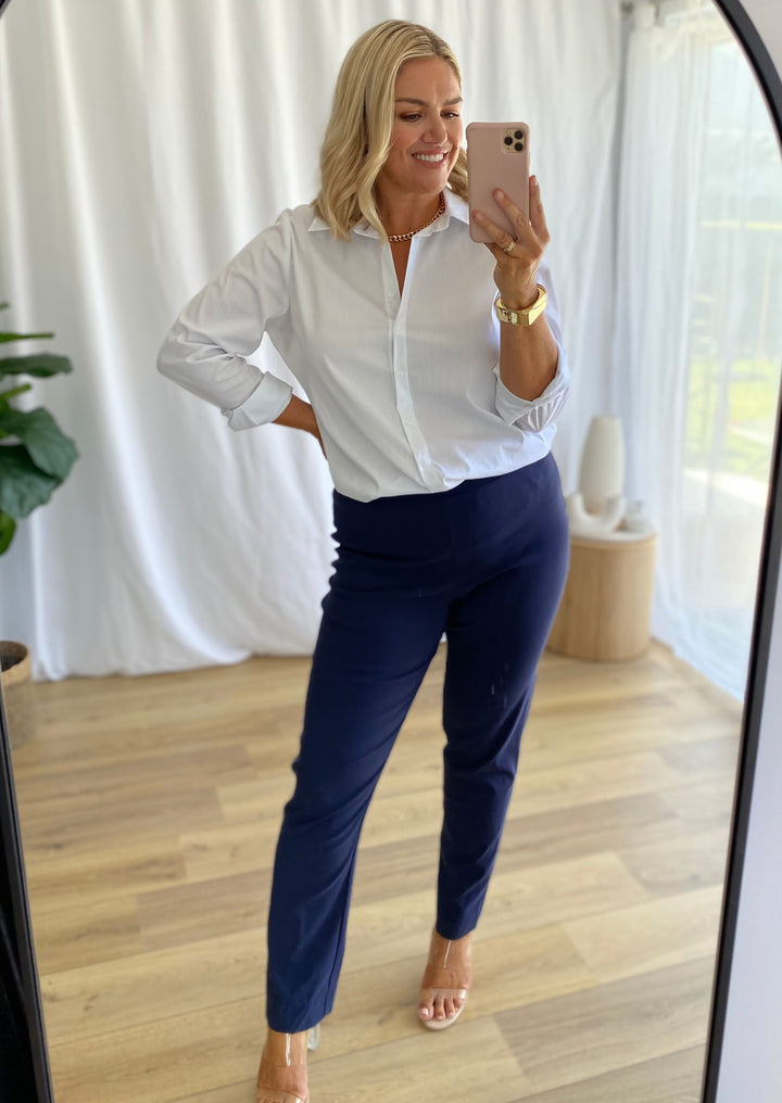 Narrow Miracle Bengaline Women's full-length slim-cut in french navy pants.